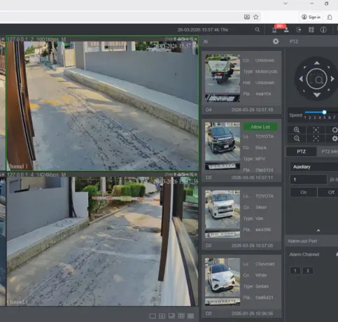 หน้าจอซอฟต์แวร์ระบบ LPR แสดงภาพกล้องวงจรปิดแบบ Real-time พร้อมแถบข้อมูล AI ด้านข้างที่ระบุ ยี่ห้อรถ สีรถ และเลขทะเบียนรถที่วิ่งผ่านเข้า-ออก